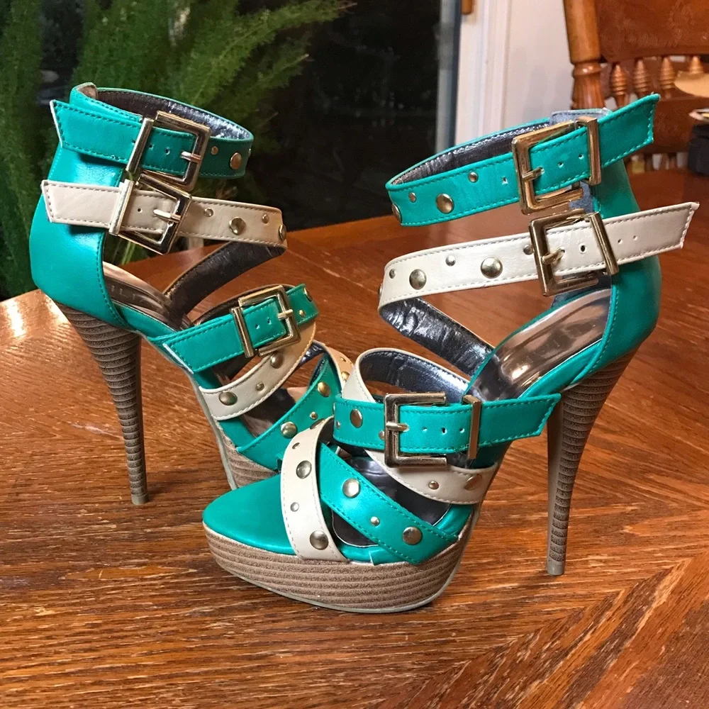Gorgeous Tan, Teal & Gold Studded Double Ankle Strap High Heels!